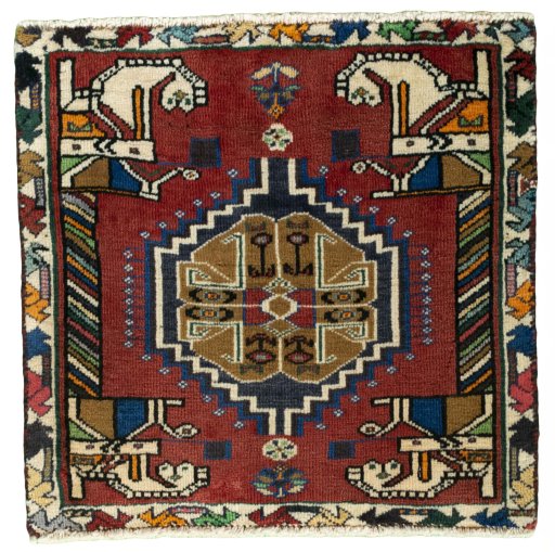 Full view of 2000s Shiraz rug from Iran / Persia, 53 × 55 cm in Red tones