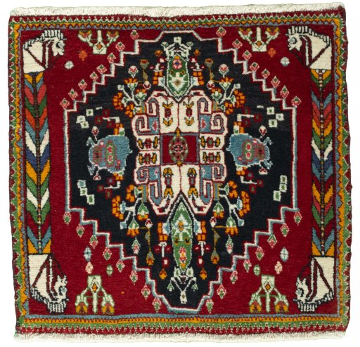 Full view of 2000s Shiraz rug from Iran / Persia, 58 × 63 cm in Red tones