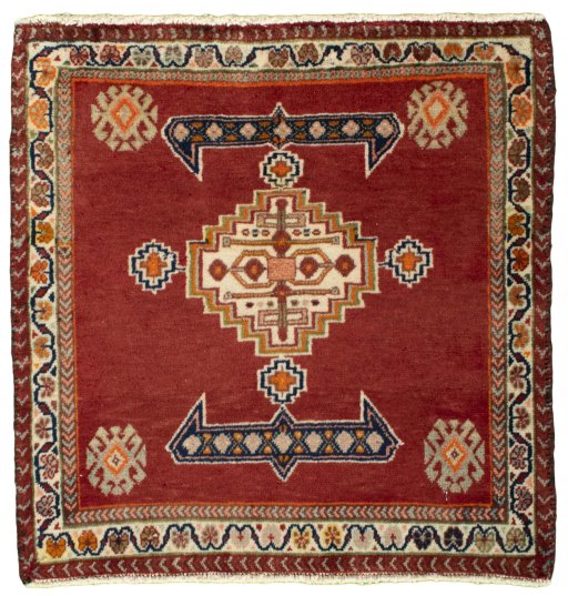 Full view of 2000s Shiraz rug from Iran / Persia, 58 × 57 cm in Red tones