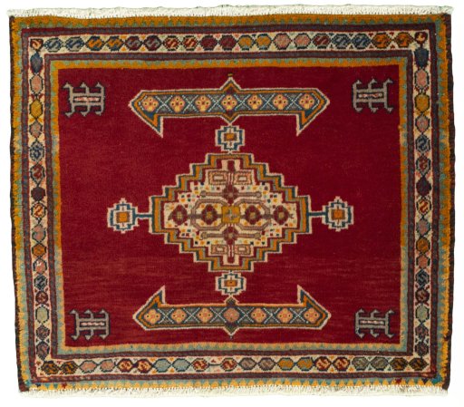 Full view of 2000s Shiraz rug from Iran / Persia, 50 × 58 cm in Red tones