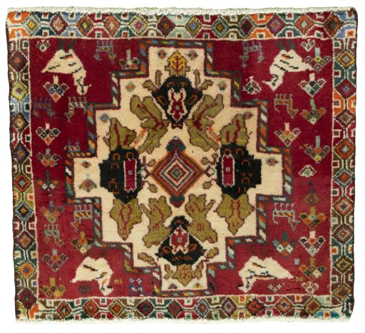 Full view of 2000s Shiraz rug from Iran / Persia, 56 × 63 cm in Red tones