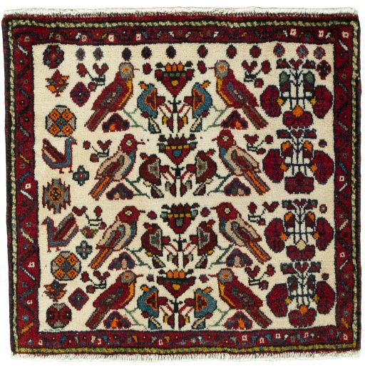 Full view of 2000s Shiraz rug from Iran / Persia, 57 × 60 cm in Red tones
