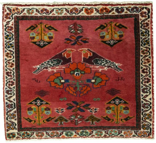 Full view of 2000s Shiraz rug from Iran / Persia, 53 × 60 cm in Red tones