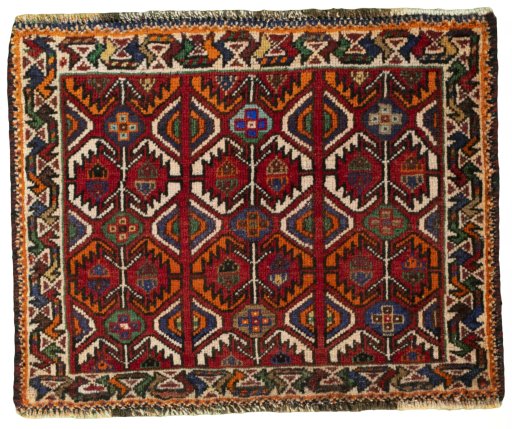 Full view of 2000s Shiraz rug from Iran / Persia, 50 × 63 cm in Red tones