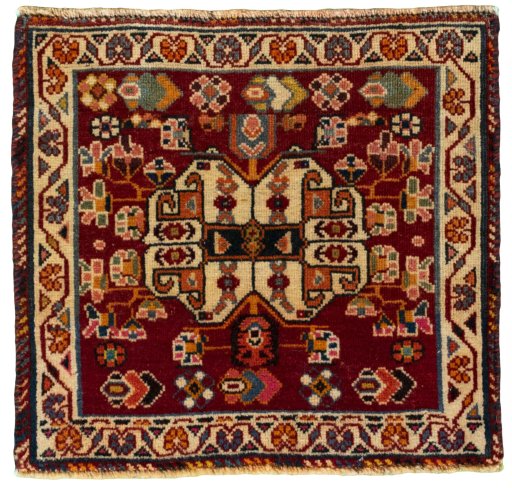 Full view of 2000s Shiraz rug from Iran / Persia, 52 × 57 cm in Red tones