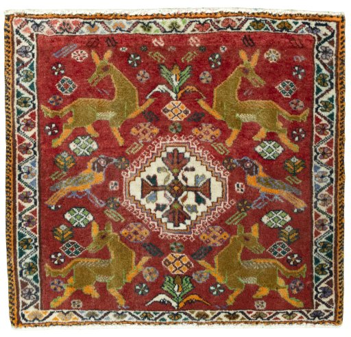 Full view of 2000s Shiraz rug from Iran / Persia, 60 × 65 cm in Red tones