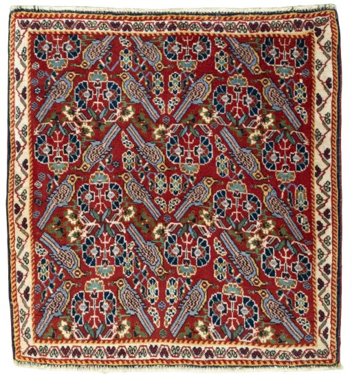 Full view of 2000s Shiraz rug from Iran / Persia, 80 × 74 cm in Red tones