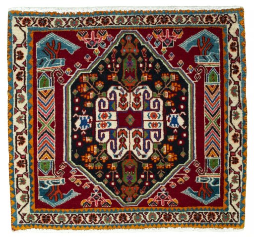 Full view of 2000s Shiraz rug from Iran / Persia, 60 × 64 cm in Red tones