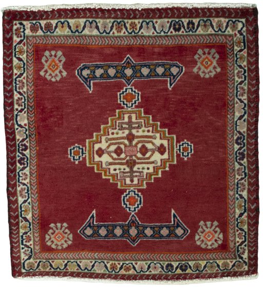 Full view of 2000s Shiraz rug from Iran / Persia, 63 × 58 cm in Red tones
