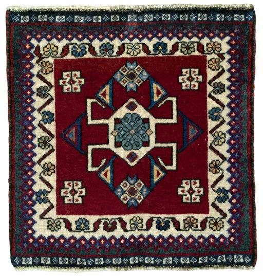 Full view of 2000s Shiraz rug from Iran / Persia, 52 × 50 cm in Red tones