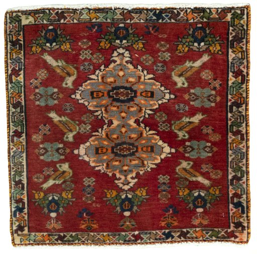 Full view of 2000s Shiraz rug from Iran / Persia, 60 × 60 cm in Red tones