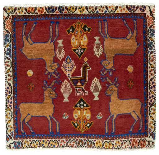 Full view of 2000s Shiraz rug from Iran / Persia, 55 × 58 cm in Red tones
