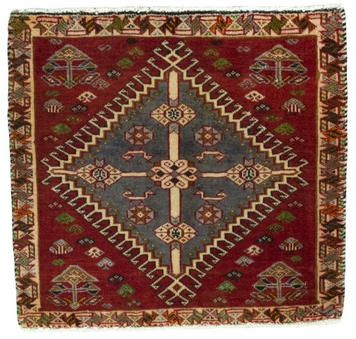 Full view of 2000s Shiraz rug from Iran / Persia, 56 × 60 cm in Red tones