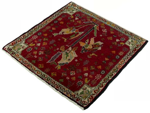 Corner detail of 2000s Shiraz rug showing border pattern and Wool pile