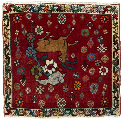 Full view of 2000s Shiraz rug from Iran / Persia, 60 × 62 cm in Red tones