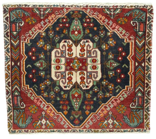 Full view of 2000s Shiraz rug from Iran / Persia, 57 × 65 cm in Red tones