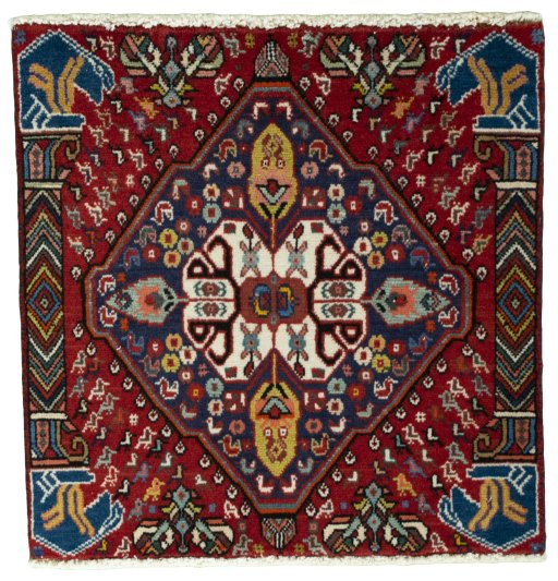 Full view of 2000s Shiraz rug from Iran / Persia, 55 × 54 cm in Red tones