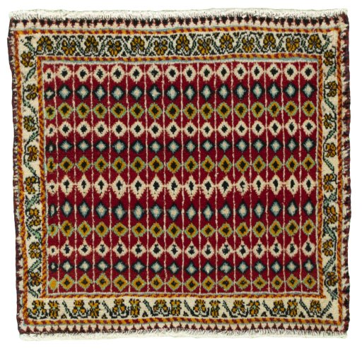 Full view of 2000s Shiraz rug from Iran / Persia, 50 × 52 cm in Red tones