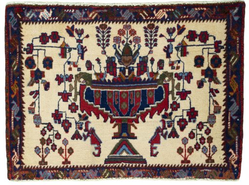 Full view of 2000s Shiraz rug from Iran / Persia, 54 × 75 cm in Red tones