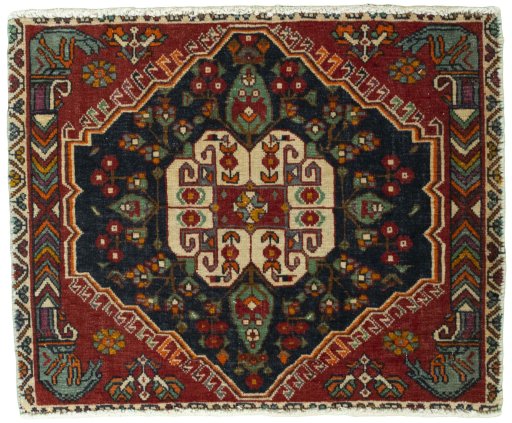 Full view of 2000s Shiraz rug from Iran / Persia, 53 × 66 cm in Red tones