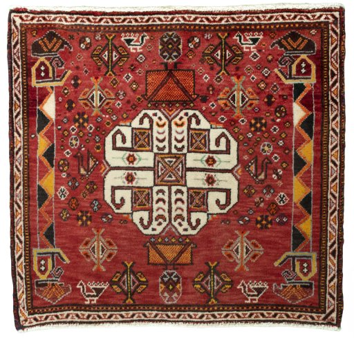 Full view of 2000s Shiraz rug from Iran / Persia, 63 × 67 cm in Red tones