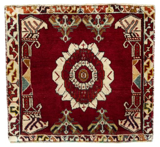 Full view of 2000s Shiraz rug from Iran / Persia, 63 × 68 cm in Red tones