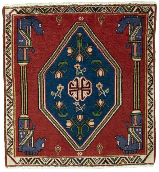 Full view of 2000s Shiraz rug from Iran / Persia, 67 × 62 cm in Red tones