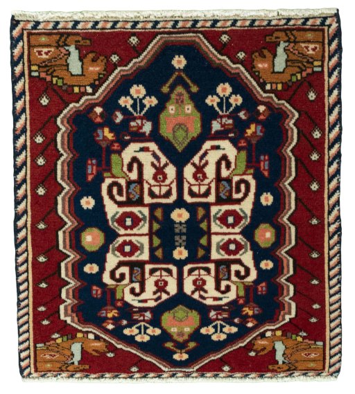 Full view of 2000s Shiraz rug from Iran / Persia, 56 × 51 cm in Red tones