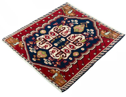Corner detail of 2000s Shiraz rug showing border pattern and Wool pile