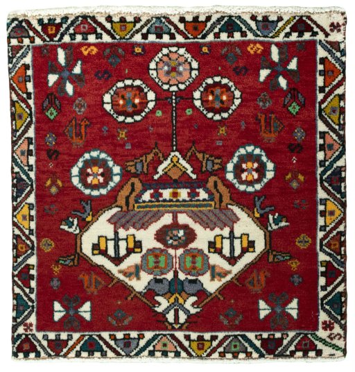 Full view of 2000s Shiraz rug from Iran / Persia, 67 × 66 cm in Red tones
