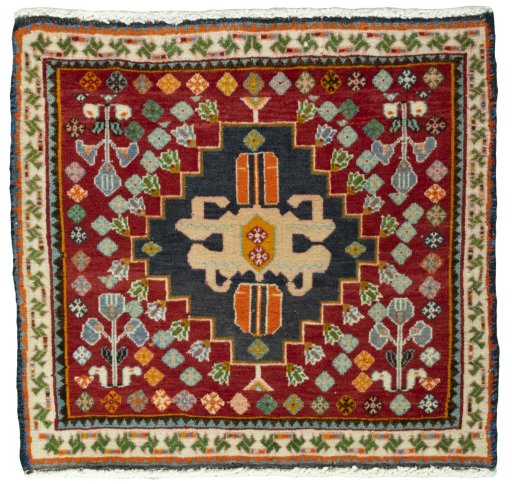 Full view of 2000s Shiraz rug from Iran / Persia, 55 × 60 cm in Red tones