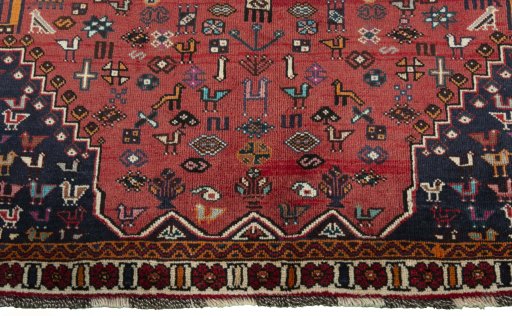 Full view of 2000s Shiraz rug from Iran / Persia, 297 × 189 cm in Red tones