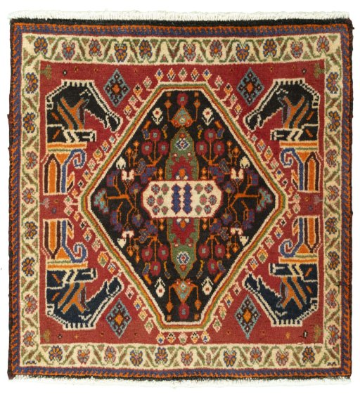 Full view of 2000s Shiraz rug from Iran / Persia, 61 × 60 cm in Red tones