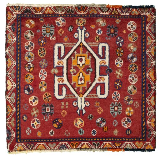 Full view of 2000s Shiraz rug from Iran / Persia, 51 × 55 cm in Red tones