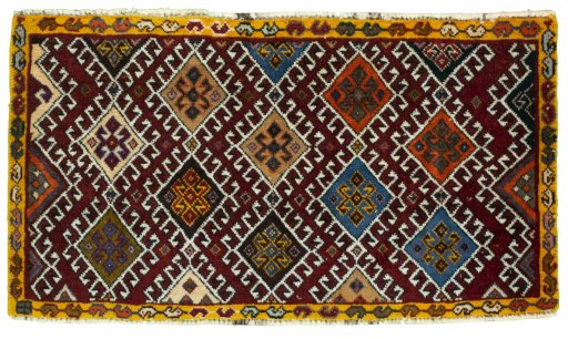 Full view of 2000s Shiraz rug from Iran / Persia, 38 × 70 cm in Red tones