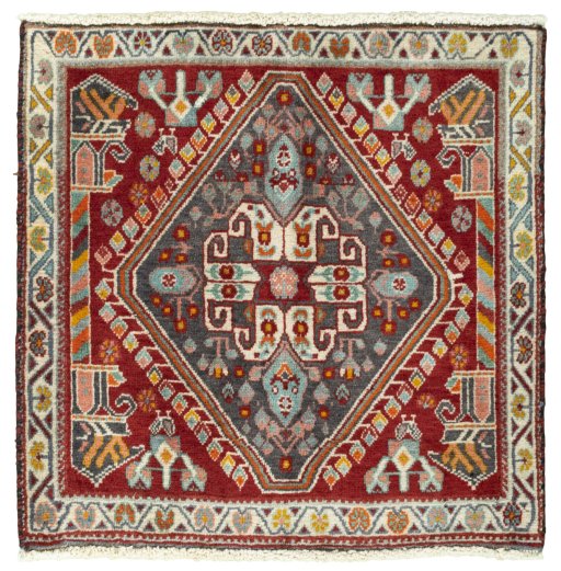 Full view of 2000s Shiraz rug from Iran / Persia, 63 × 64 cm in Red tones