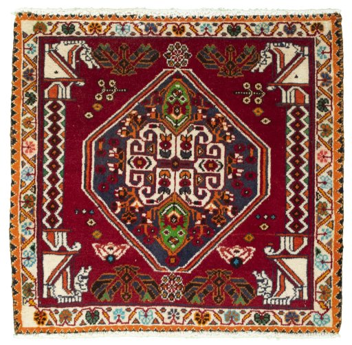 Full view of 2000s Shiraz rug from Iran / Persia, 57 × 60 cm in Red tones