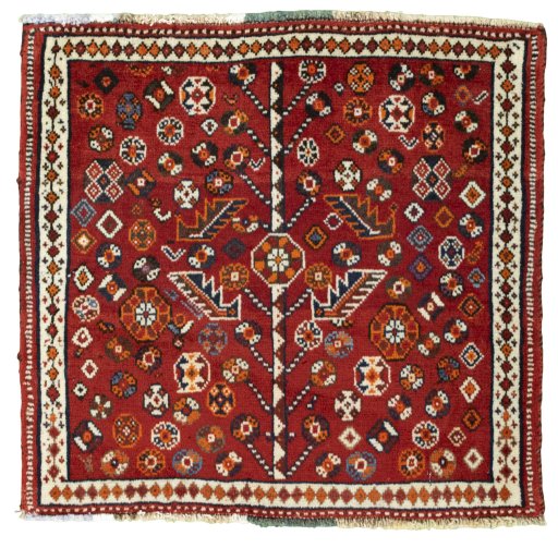 Full view of 2000s Shiraz rug from Iran / Persia, 56 × 60 cm in Red tones