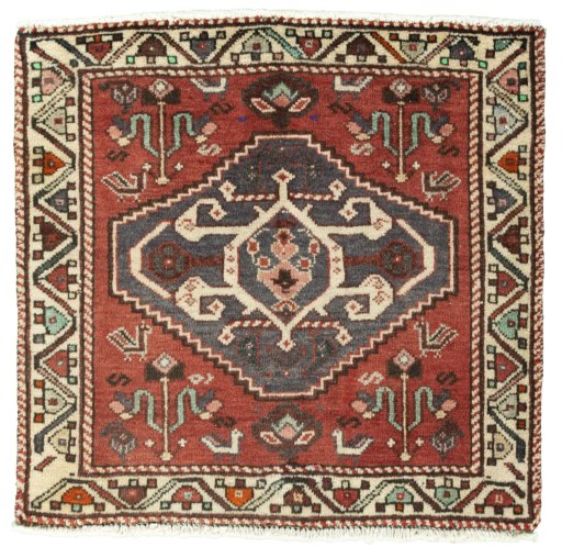 Full view of 2000s Shiraz rug from Iran / Persia, 55 × 58 cm in Red tones