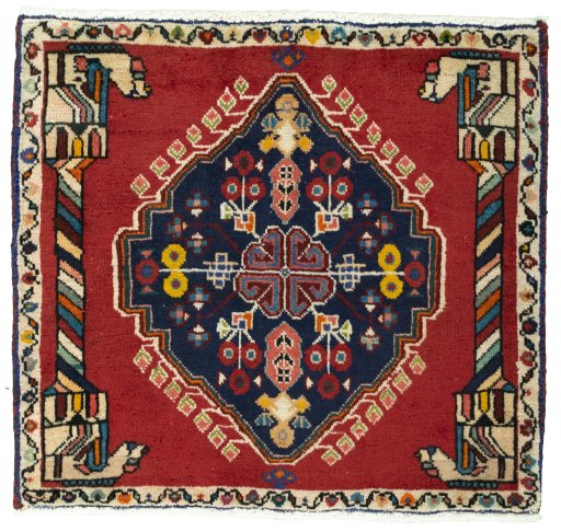 Full view of 2000s Shiraz rug from Iran / Persia, 63 × 69 cm in Red tones
