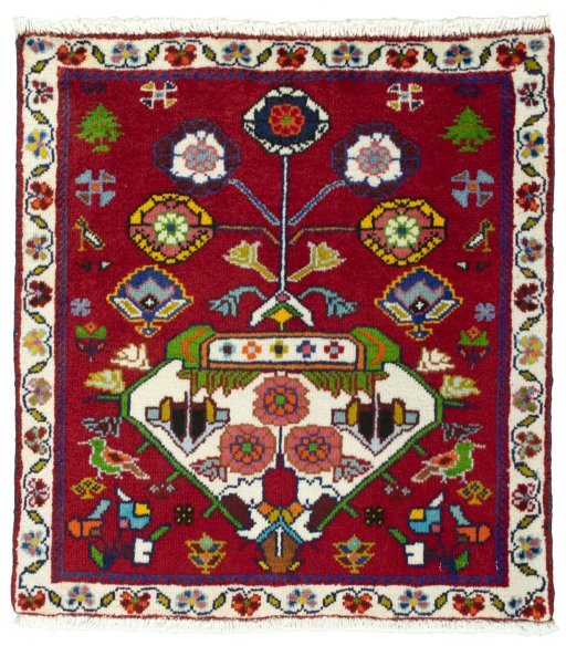 Full view of 2000s Shiraz rug from Iran / Persia, 63 × 59 cm in Red tones
