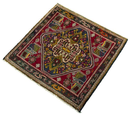 Corner detail of 2000s Shiraz rug showing border pattern and Wool pile