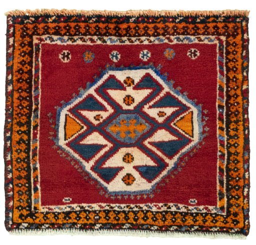 Full view of 2000s Shiraz rug from Iran / Persia, 48 × 54 cm in Red tones