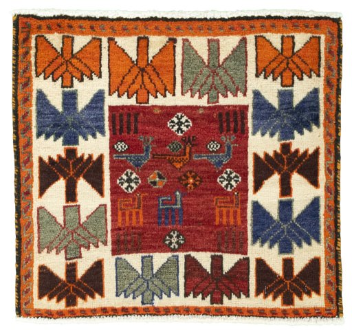 Full view of 2000s Shiraz rug from Iran / Persia, 50 × 54 cm in Red tones