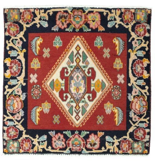 Full view of 2000s Shiraz rug from Iran / Persia, 65 × 65 cm in Red tones