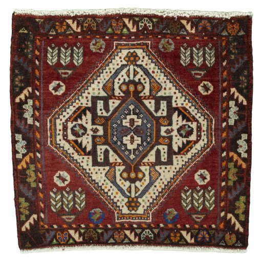Full view of 2000s Shiraz rug from Iran / Persia, 57 × 60 cm in Red tones