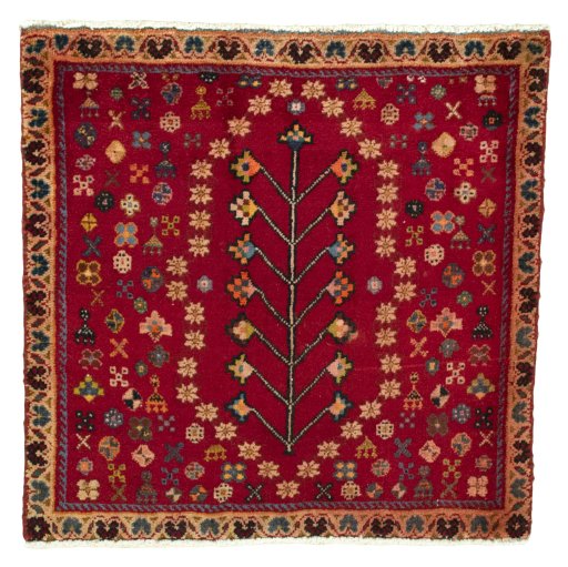 Full view of 2000s Shiraz rug from Iran / Persia, 65 × 66 cm in Red tones
