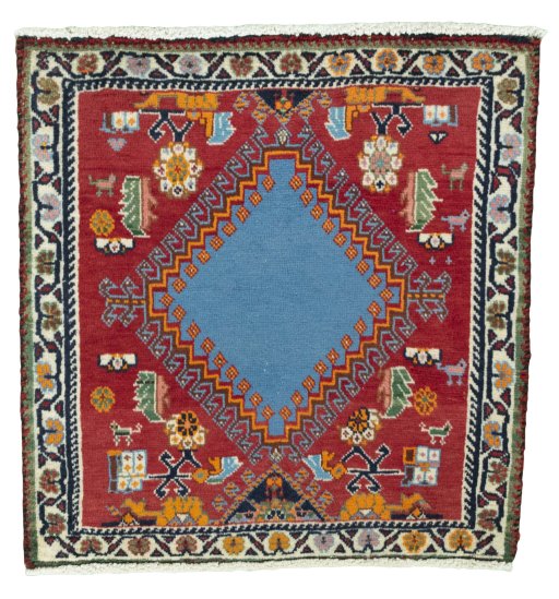 Full view of 2000s Shiraz rug from Iran / Persia, 62 × 61 cm in Red tones
