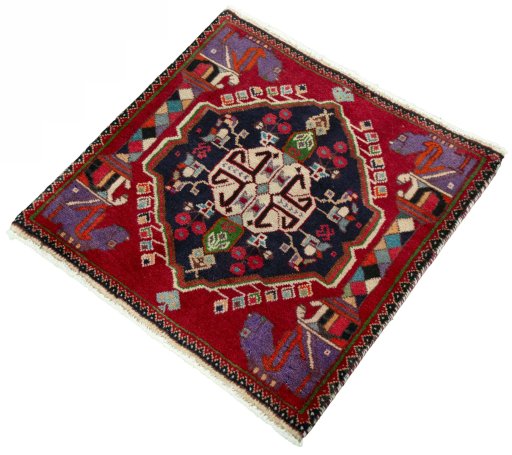 Corner detail of 2000s Shiraz rug showing border pattern and Wool pile