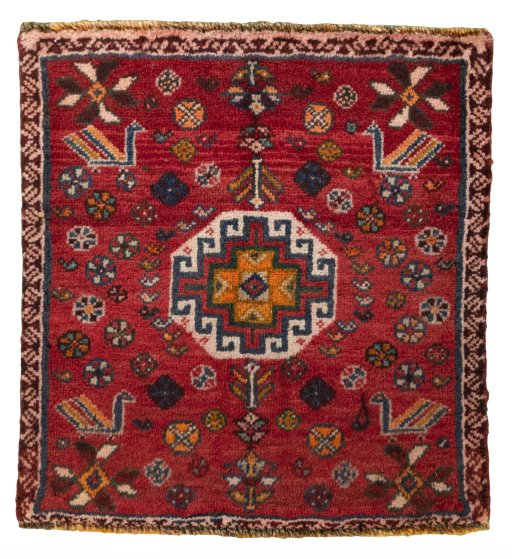 Full view of 2000s Shiraz rug from Iran / Persia, 59 × 55 cm in Red tones